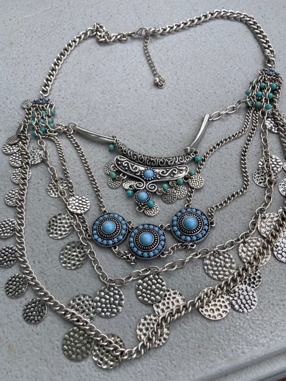 Silvertone Statement Necklace Faux Turquoise multi chains 23”